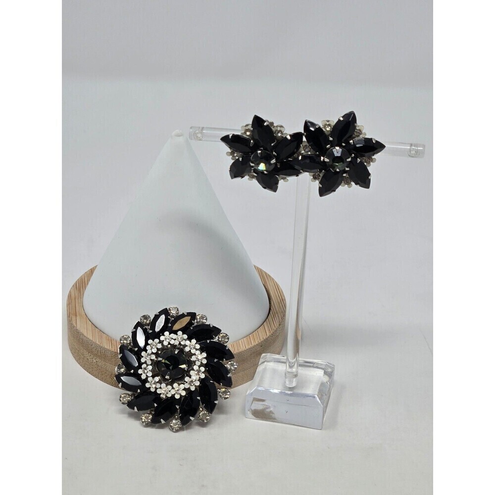 VINTAGE WEISS DEMI PARURE BROOCH CLIP ON EARRINGS BLACK RHINESTONE WOMEN FASHION